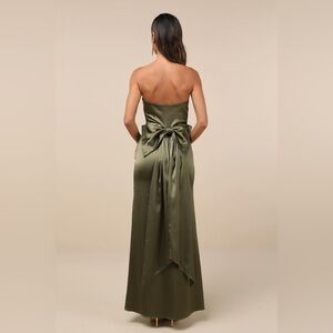 NWT Lulus Size S Absolutely Poised Olive Green Satin Strapless Bow Maxi Dress